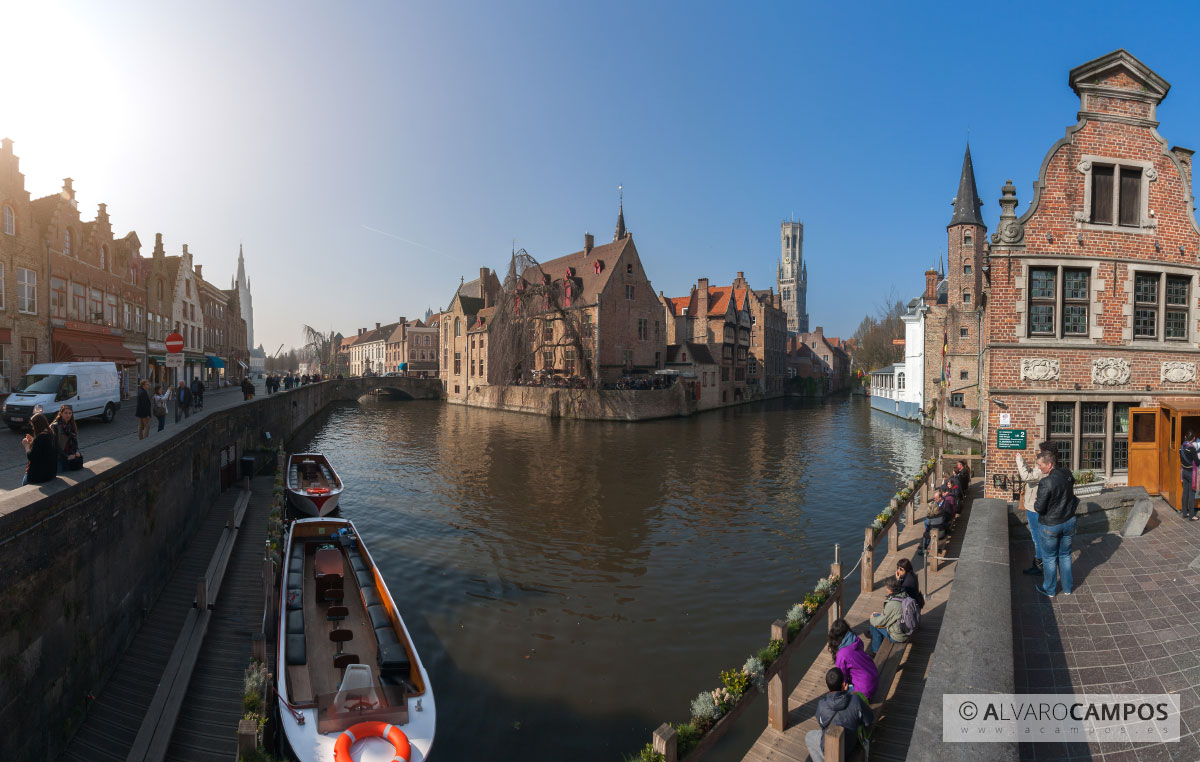 Panoramic of the Dijver Canal in Bruges Belgium (Brugge)