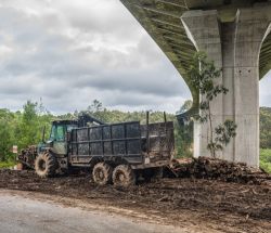 Camión grúa debajo de la autopista